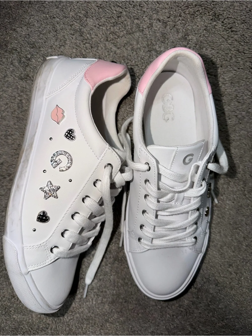 Guess White Sneakers with Pink Heel and Metallic Stud Accents